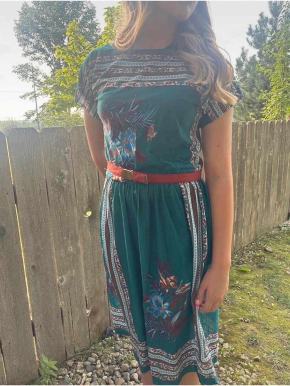 Vintage 70s Teal Floral Border Print Midi Dress Belted Boho Style